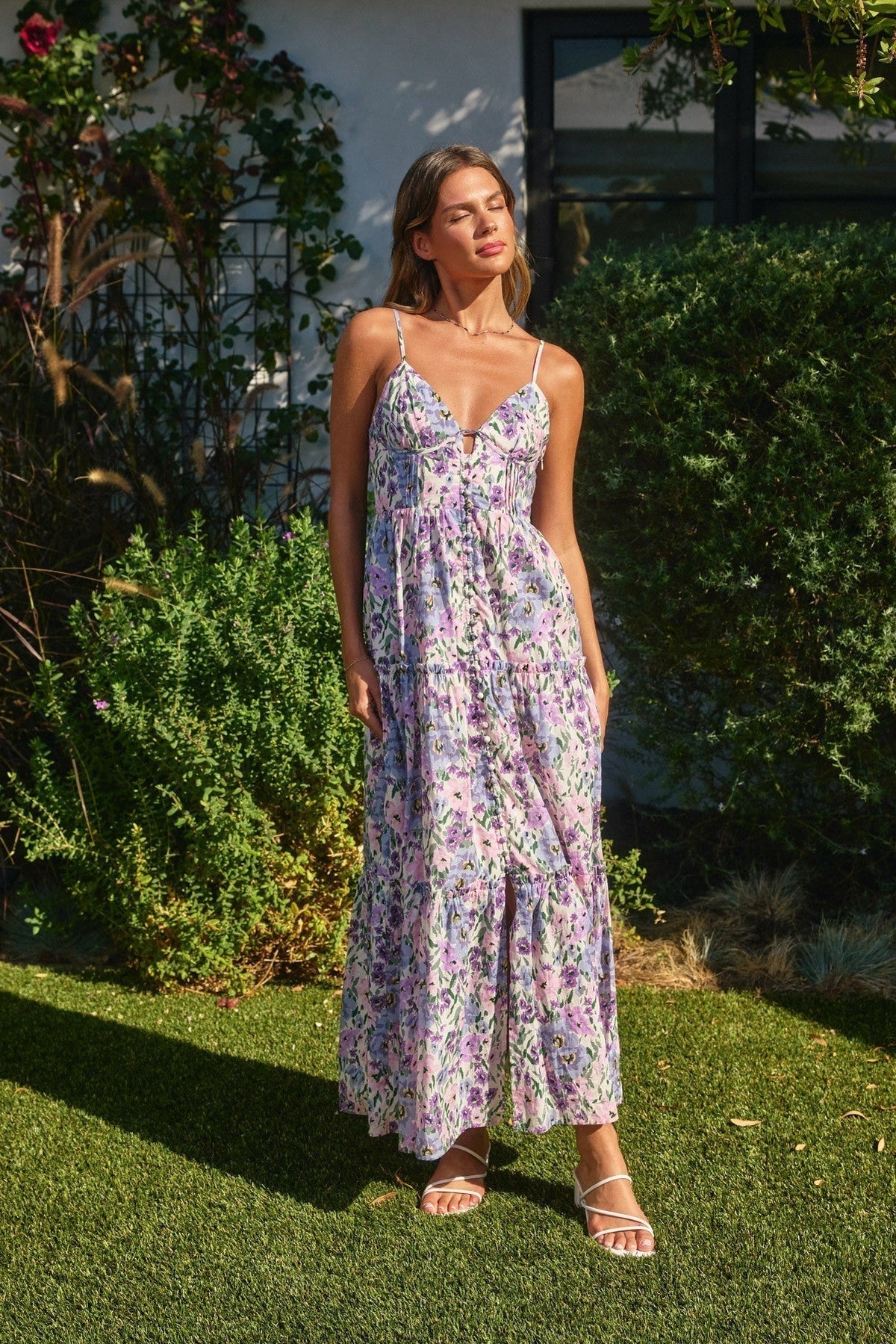 Purple Multi Floral Bustier Tiered Maxi Dress