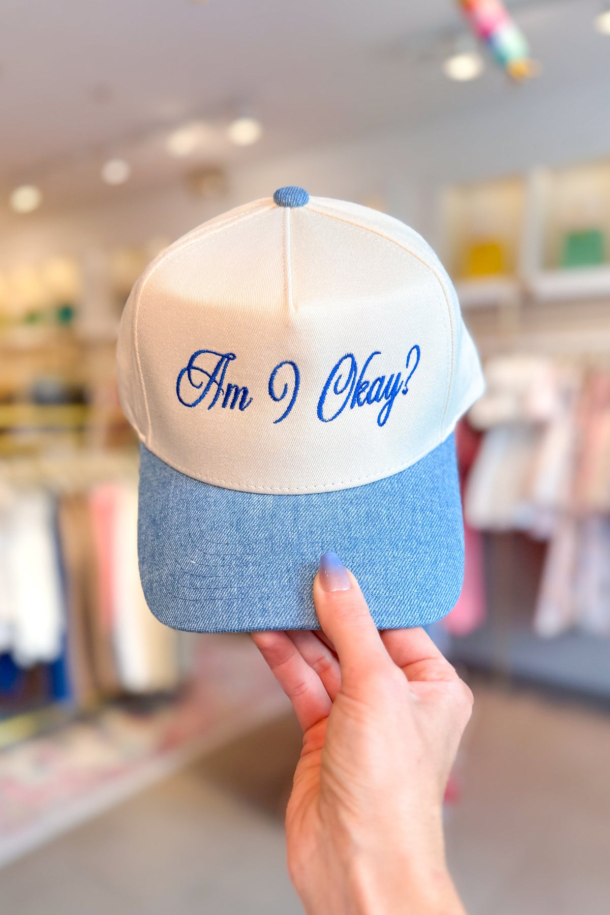 Blue Denim Am I Okay? Embroidered Trucker Hat