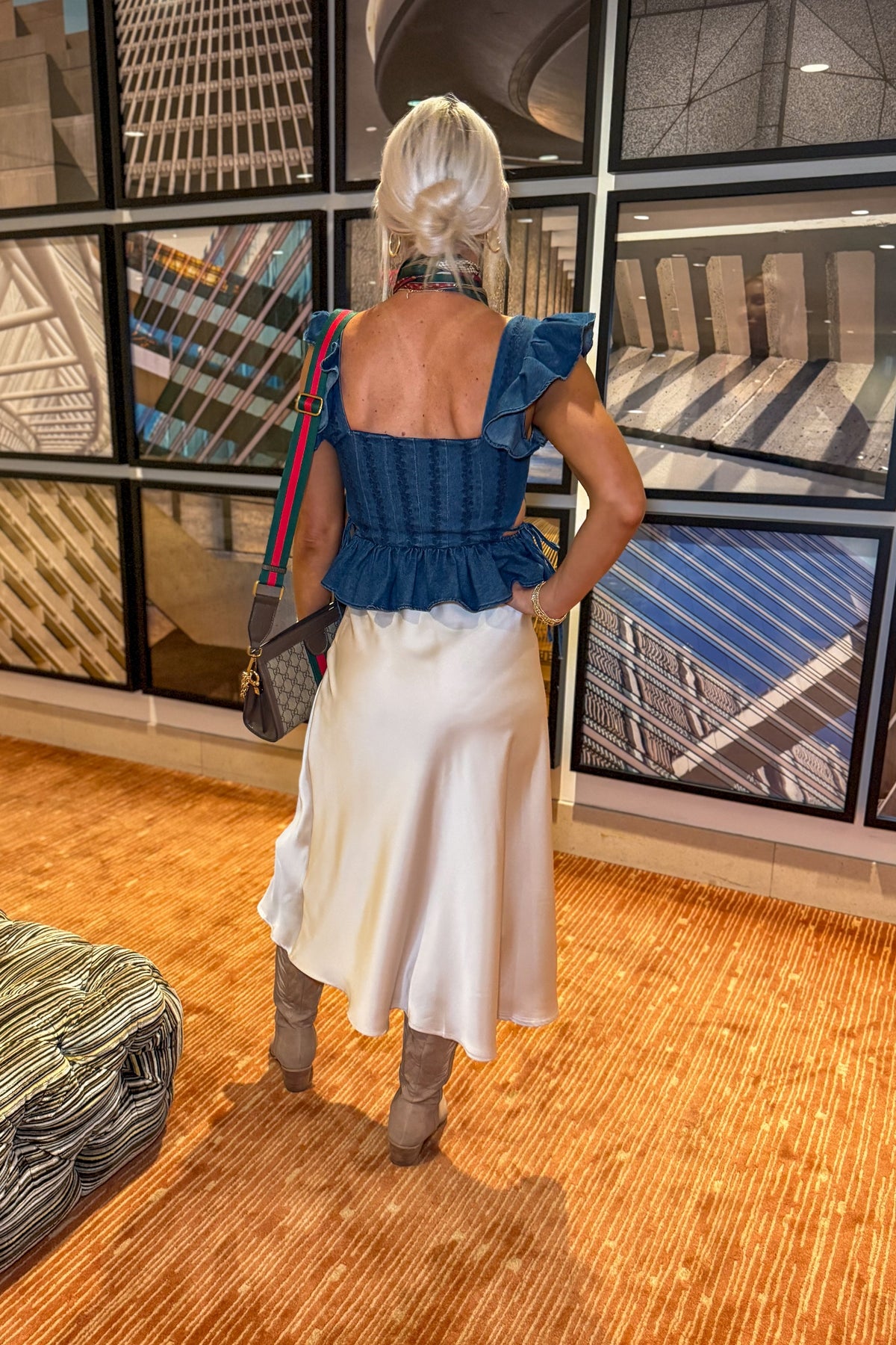 Denim Embroidered Corset Top With Ruffle Sleeves