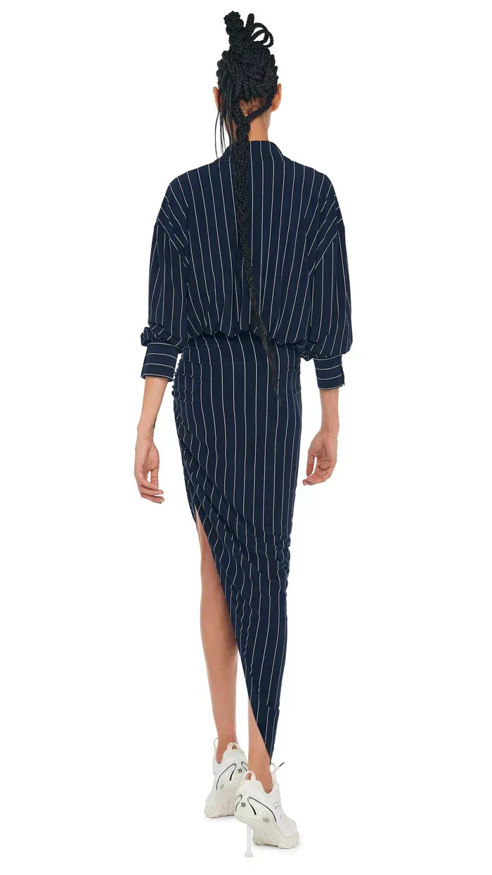 Oversized Boyfriend Shirt Dress - Navy Pinstripe