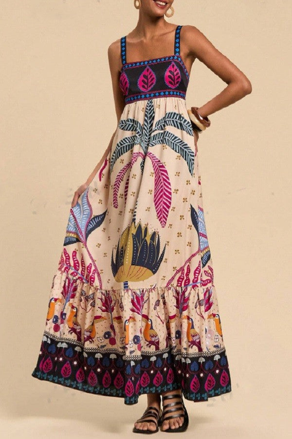 Midnight In Paradise Print Ruffle Hem Maxi Dress