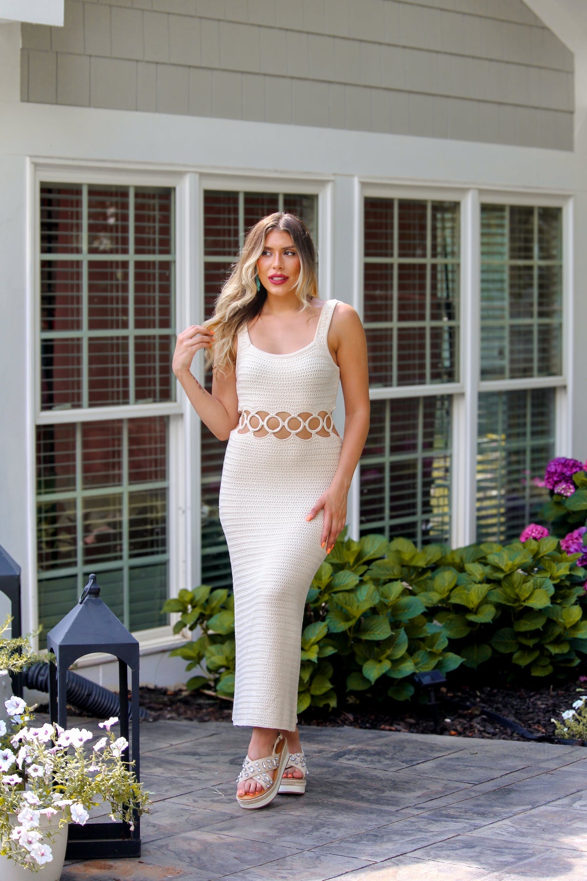 Beige Crochet Cut Out Midi Dress