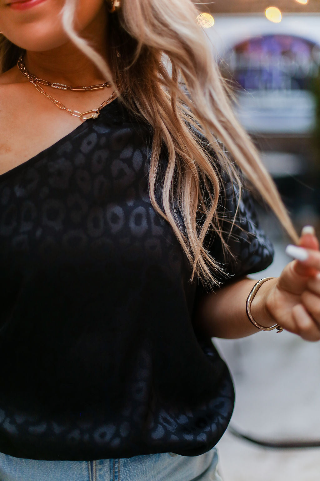 Black Leopard Silk One Shoulder Top