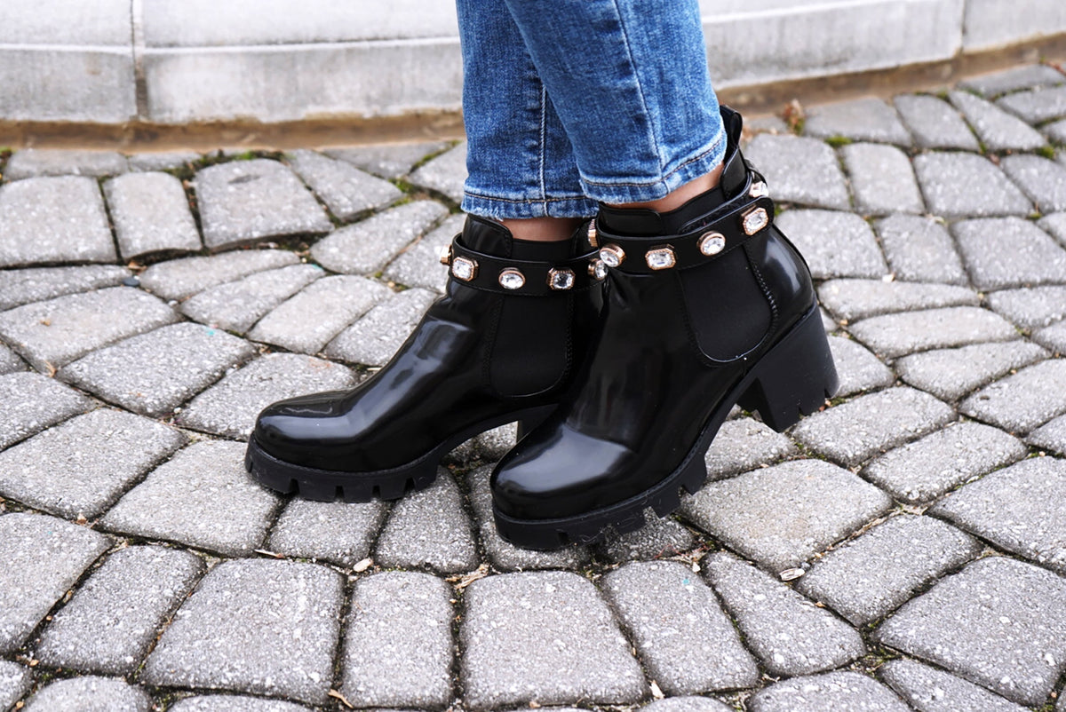 Black Rhinestone Amulet Ankle Booties