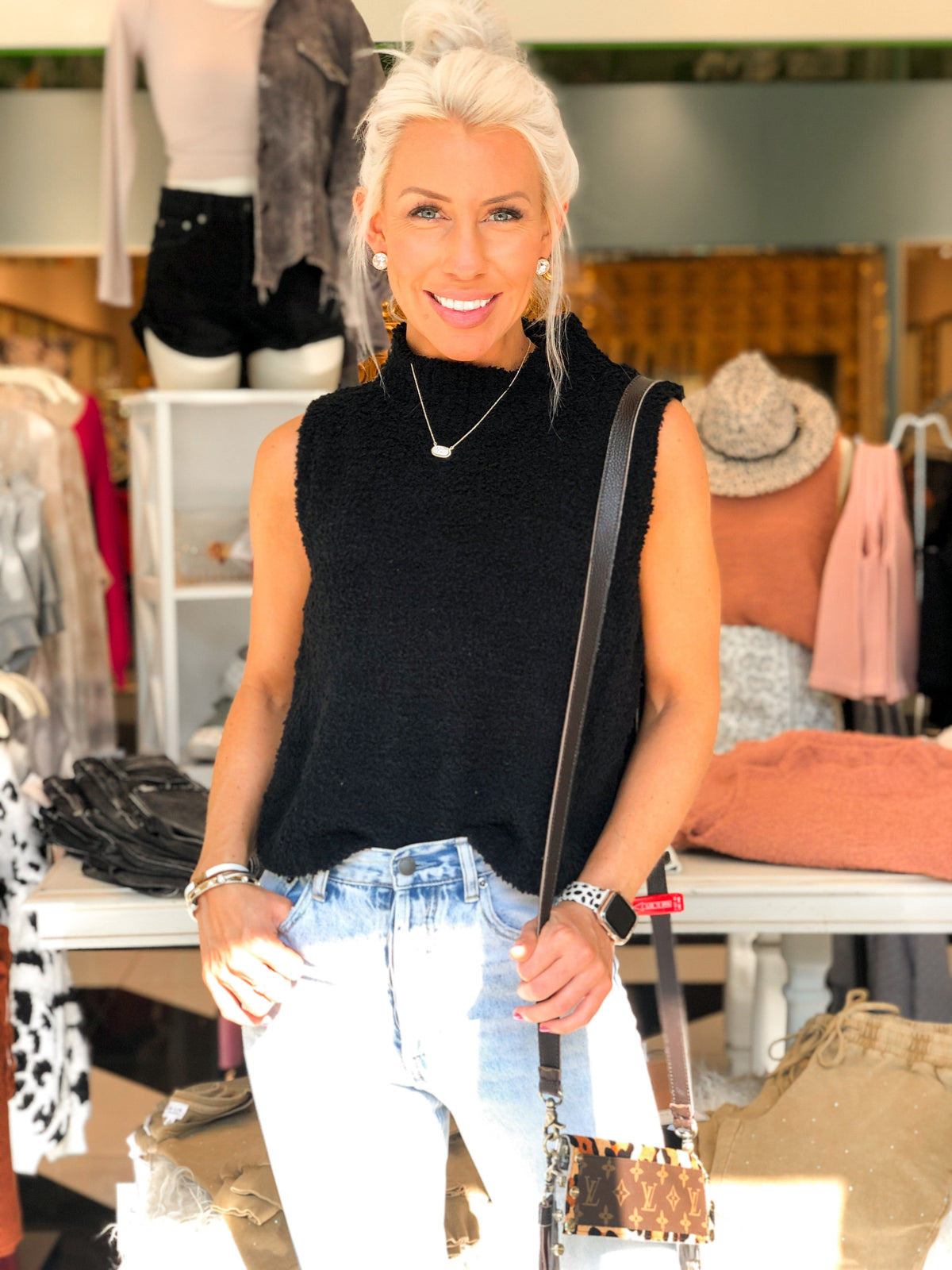 Black Sherpa Sleeveless Turtleneck Top