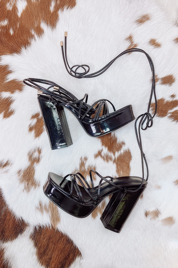 Black Strappy Lace Up Platform Heels