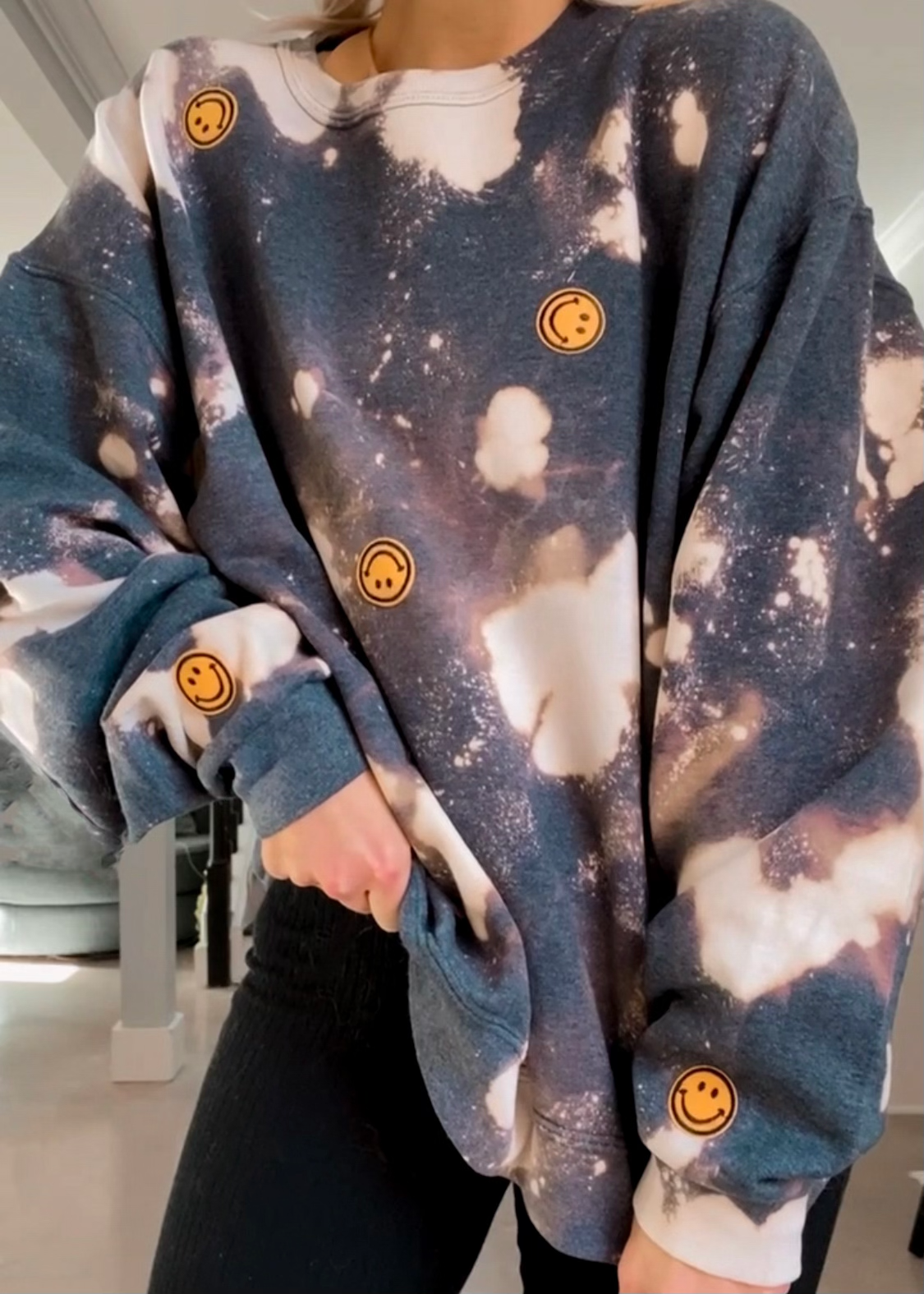 Blue Bleached Smiley Face Crewneck Sweatshirt