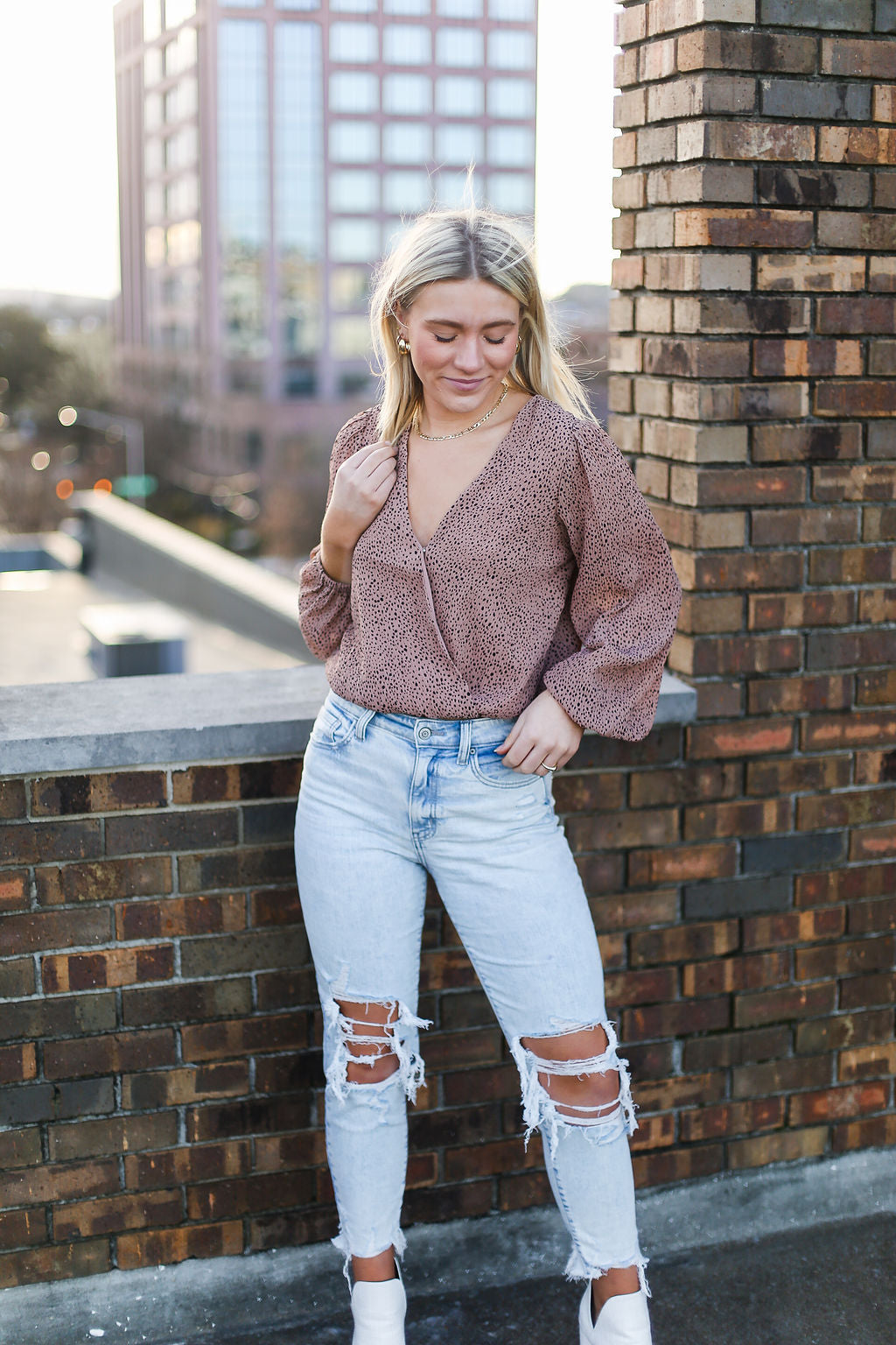 Brown Polka Dot V-Neck Top