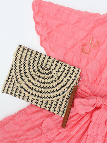Brown Woven Raffia Clutch