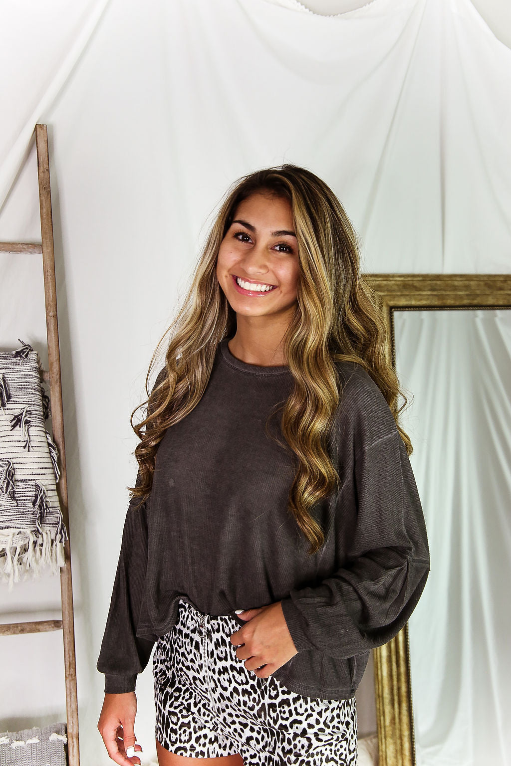 Charcoal Long Sleeve High Low Waffle Top