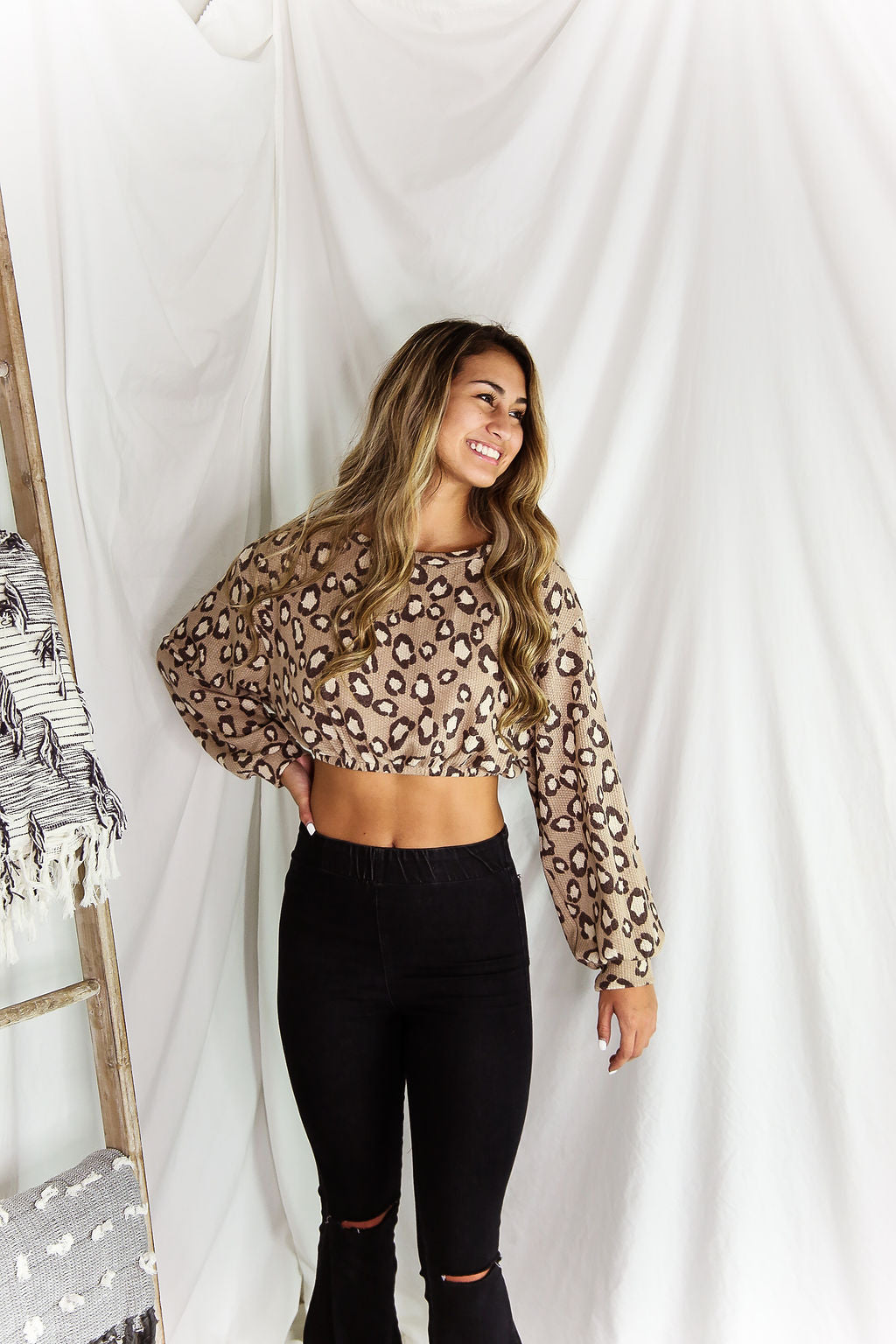 Cheetah Long Sleeve Waffle Crop Top