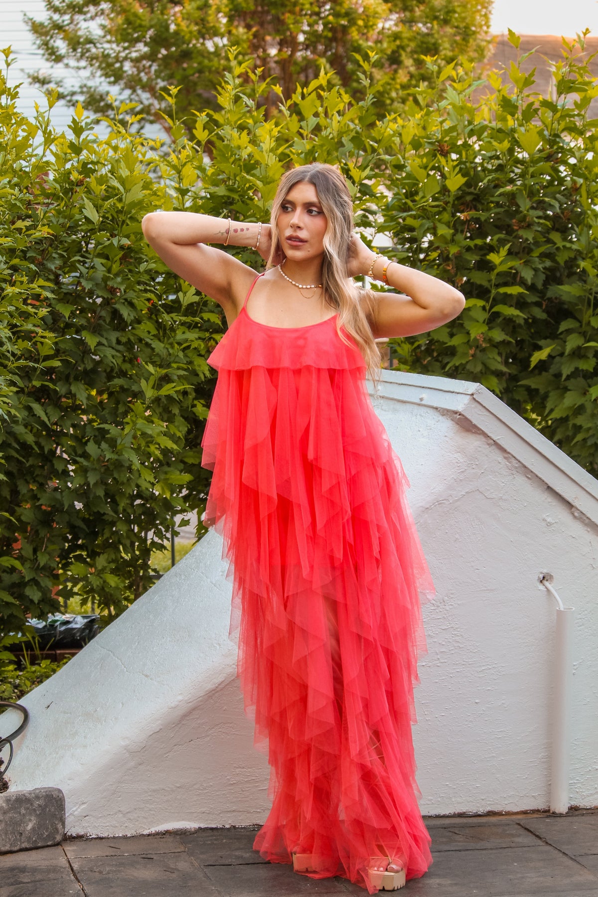 Coral Mesh Ruffle Maxi Dress