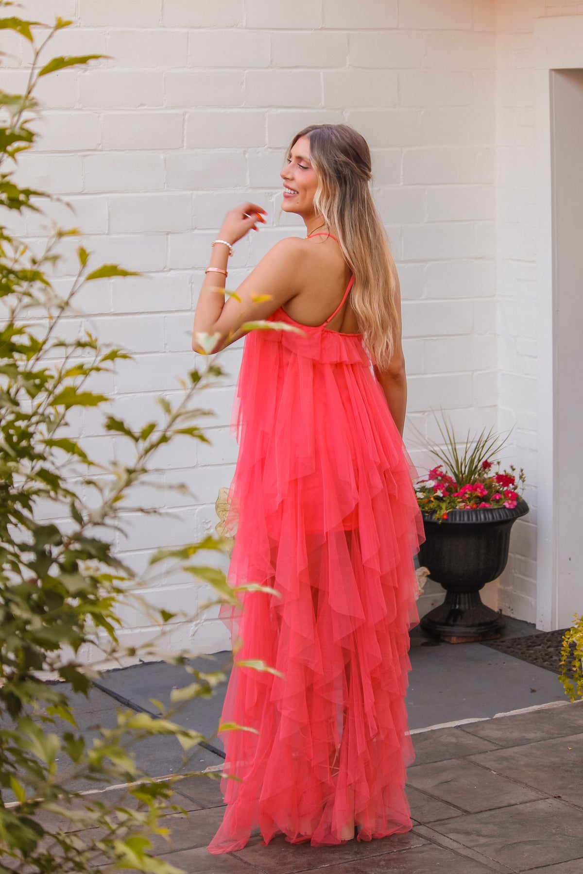 Coral Mesh Ruffle Maxi Dress