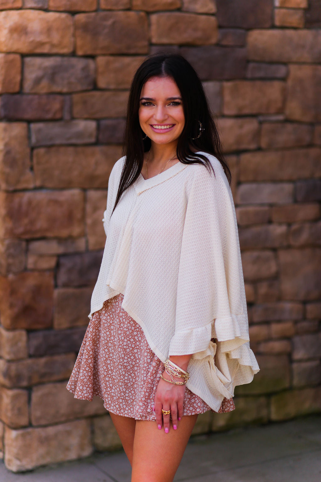 Cream Ruffle Sleeve Waffle Knit Top