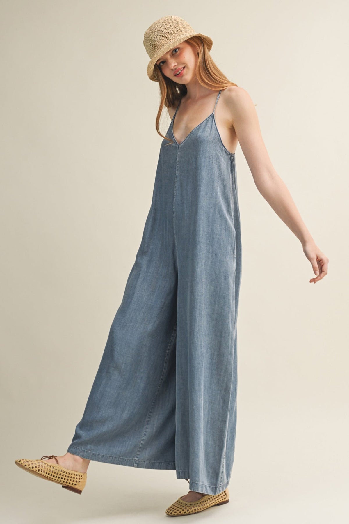 KEKE DENIM WIDE-LEG JUMPSUIT