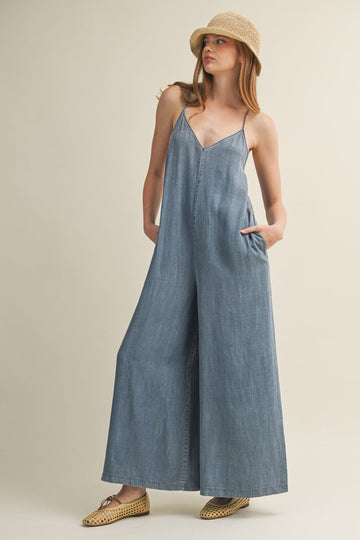 KEKE DENIM WIDE-LEG JUMPSUIT