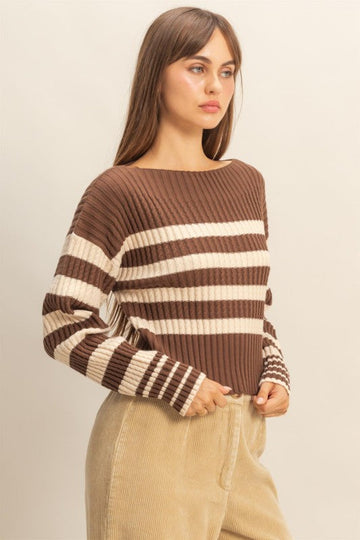 Brown Striped Boatneck Sweater