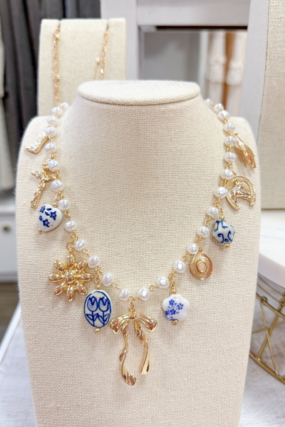 Bow Pearl Chain Charm Necklace
