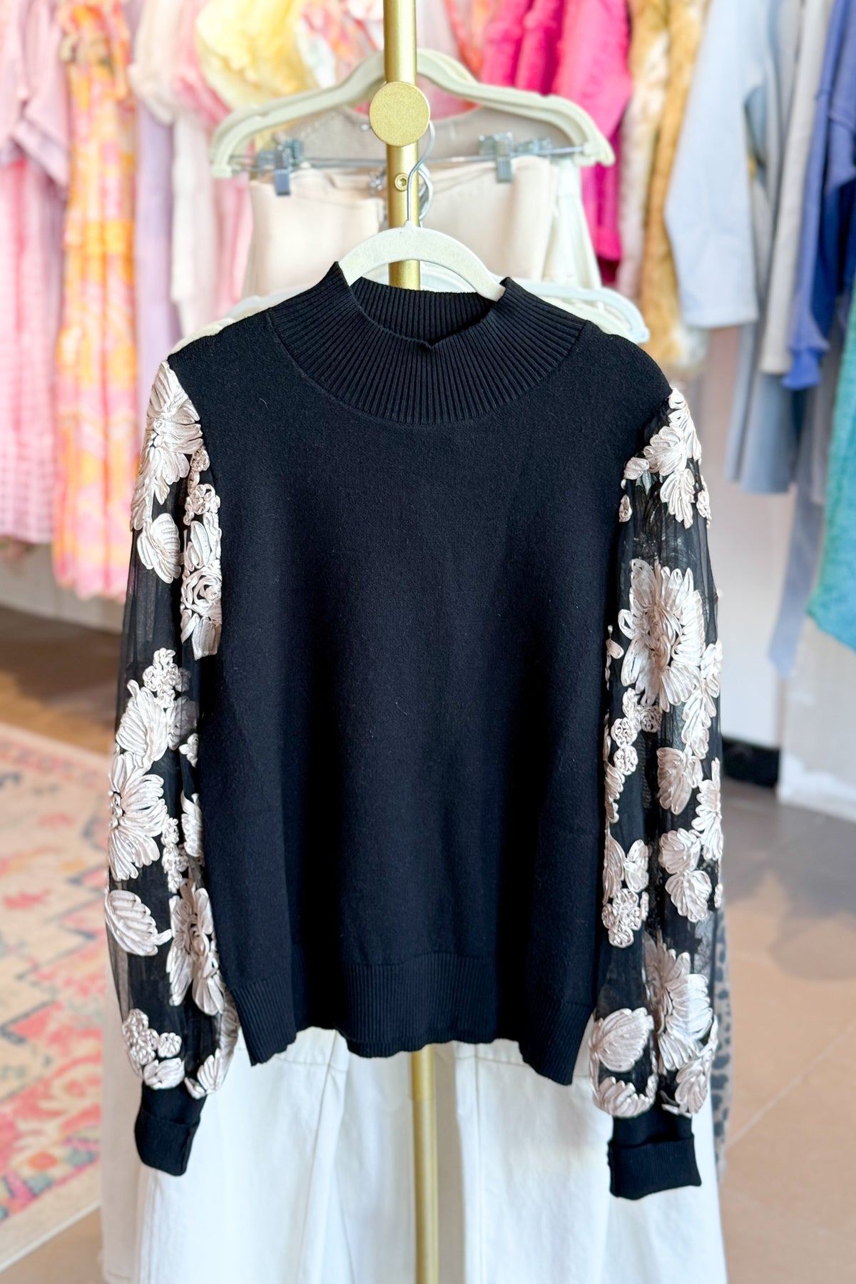 Black Knit Blouse WIth Embroidered Sheer Puff Sleeves