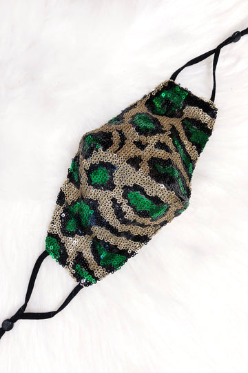 Green And Gold Leopard Sequin Face Mask