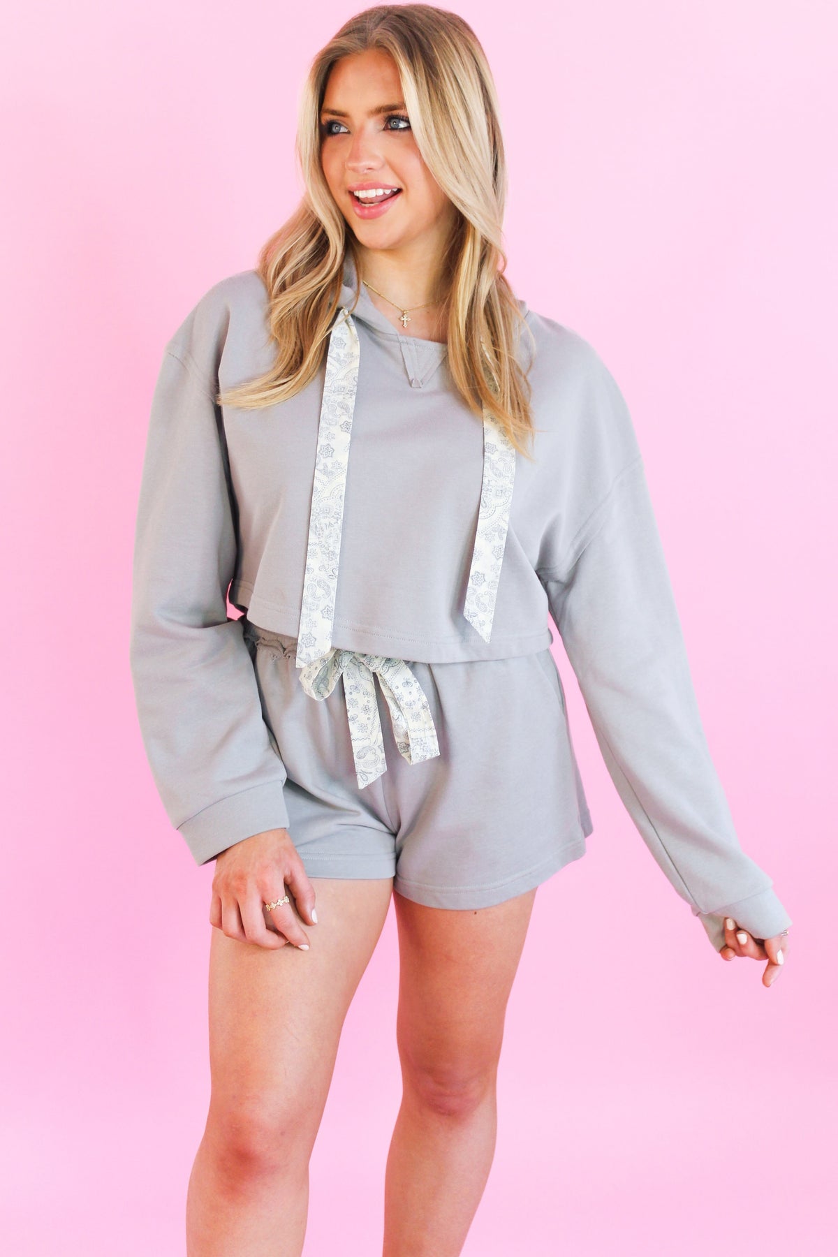Grey Paisley Detail Cropped Hoodie Set