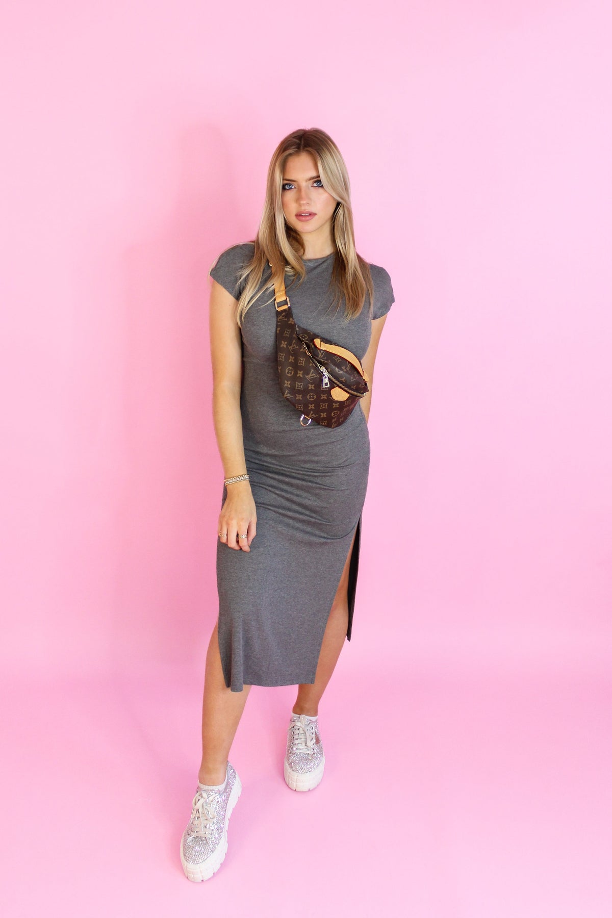 Grey Short Sleeve Midi Dress