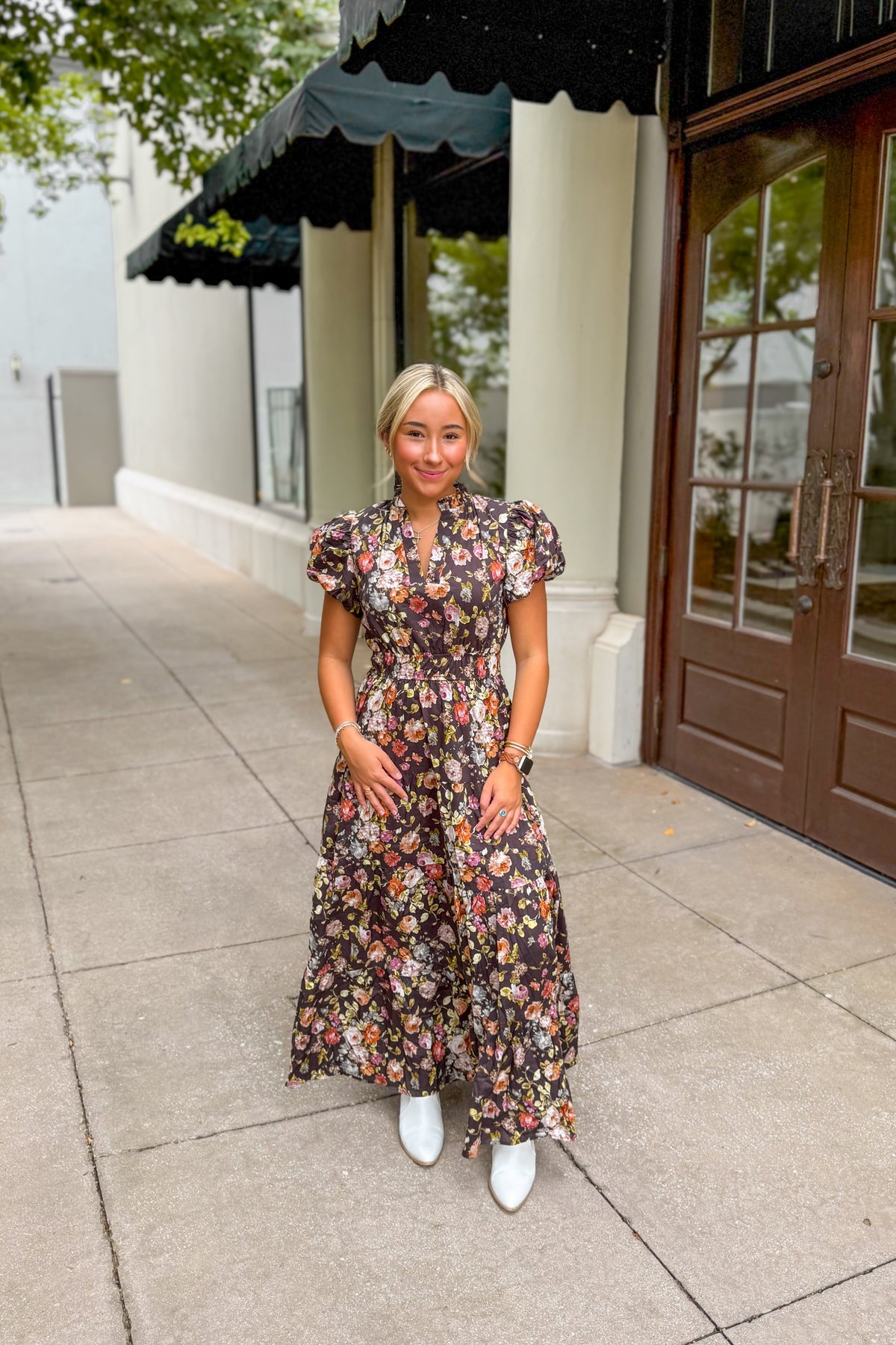 Brown Multi Color Floral Puff Sleeve Maxi Dress