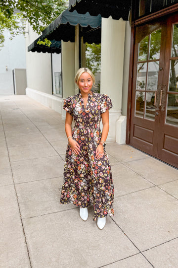Brown Multi Color Floral Puff Sleeve Maxi Dress