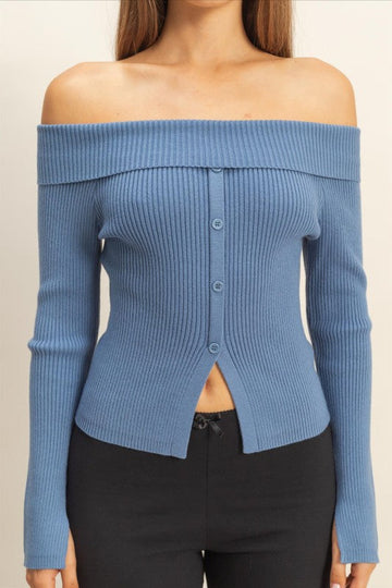 Blue Off The Shoulder Button Down Sweater