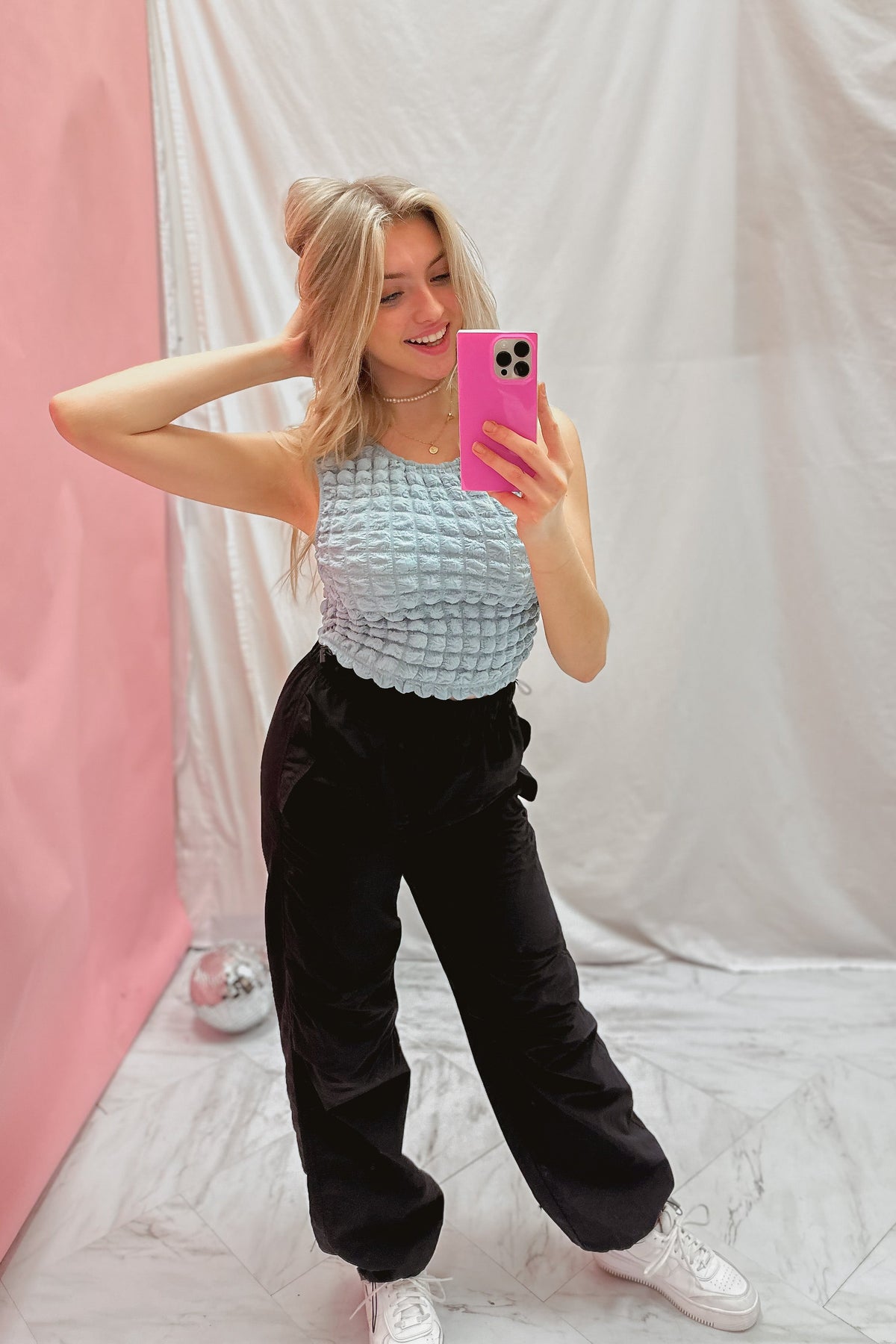 Blue Textured Fabric Tank Top