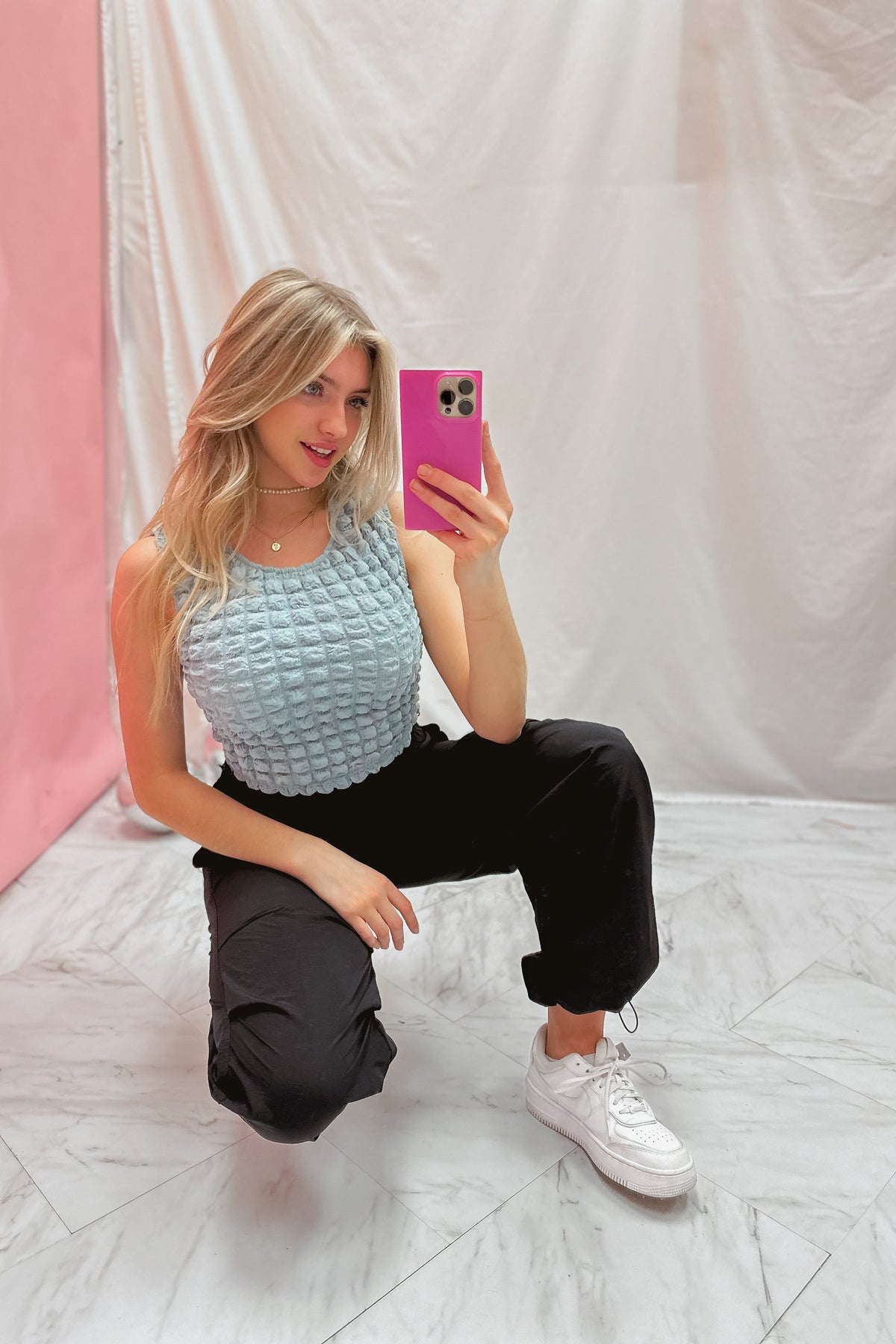 Blue Textured Fabric Tank Top