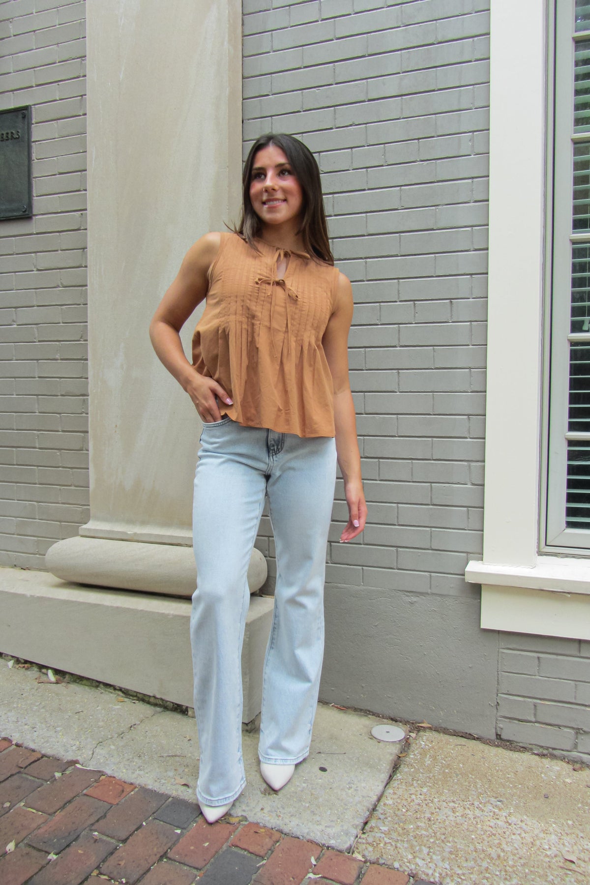 Rust Pintuck Tie Front Sleeveless Poplin Top