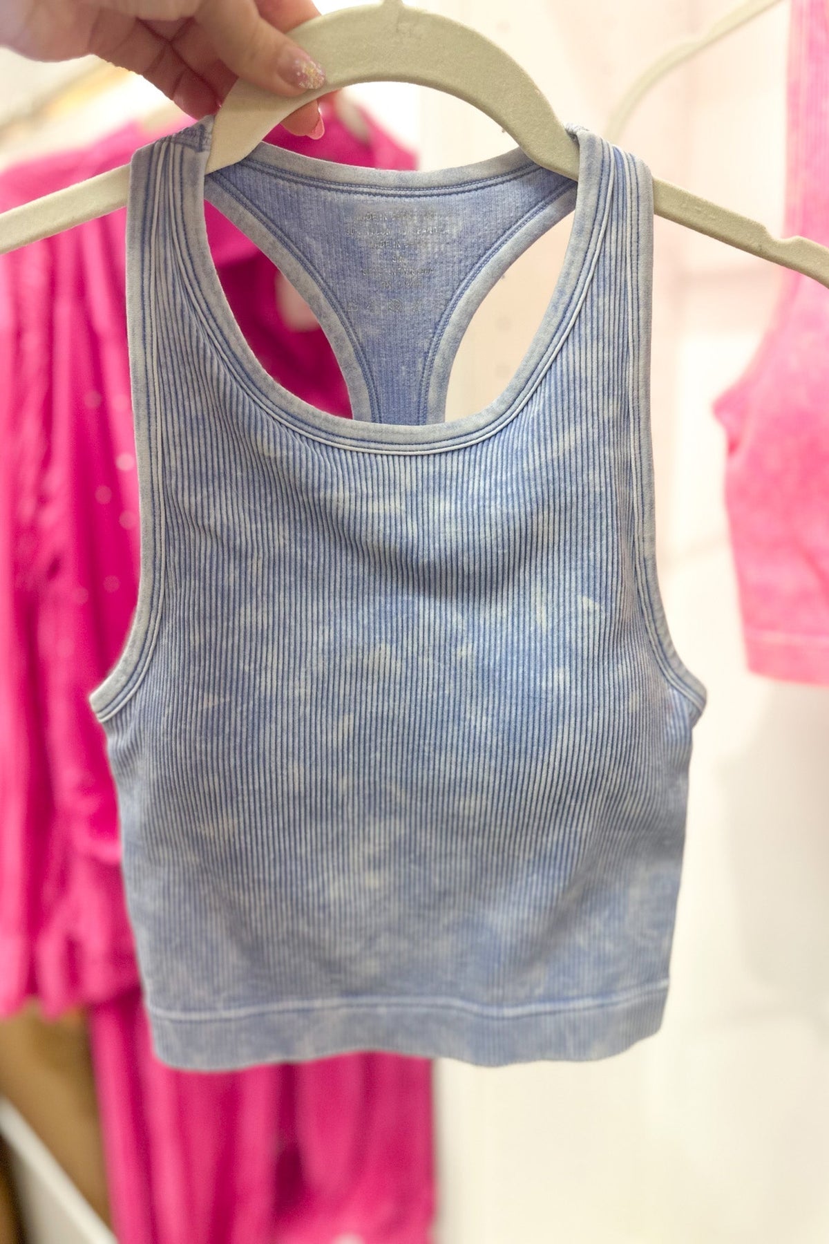 Sky Blue Acid Wash Racer Back Ribbed Tank Top
