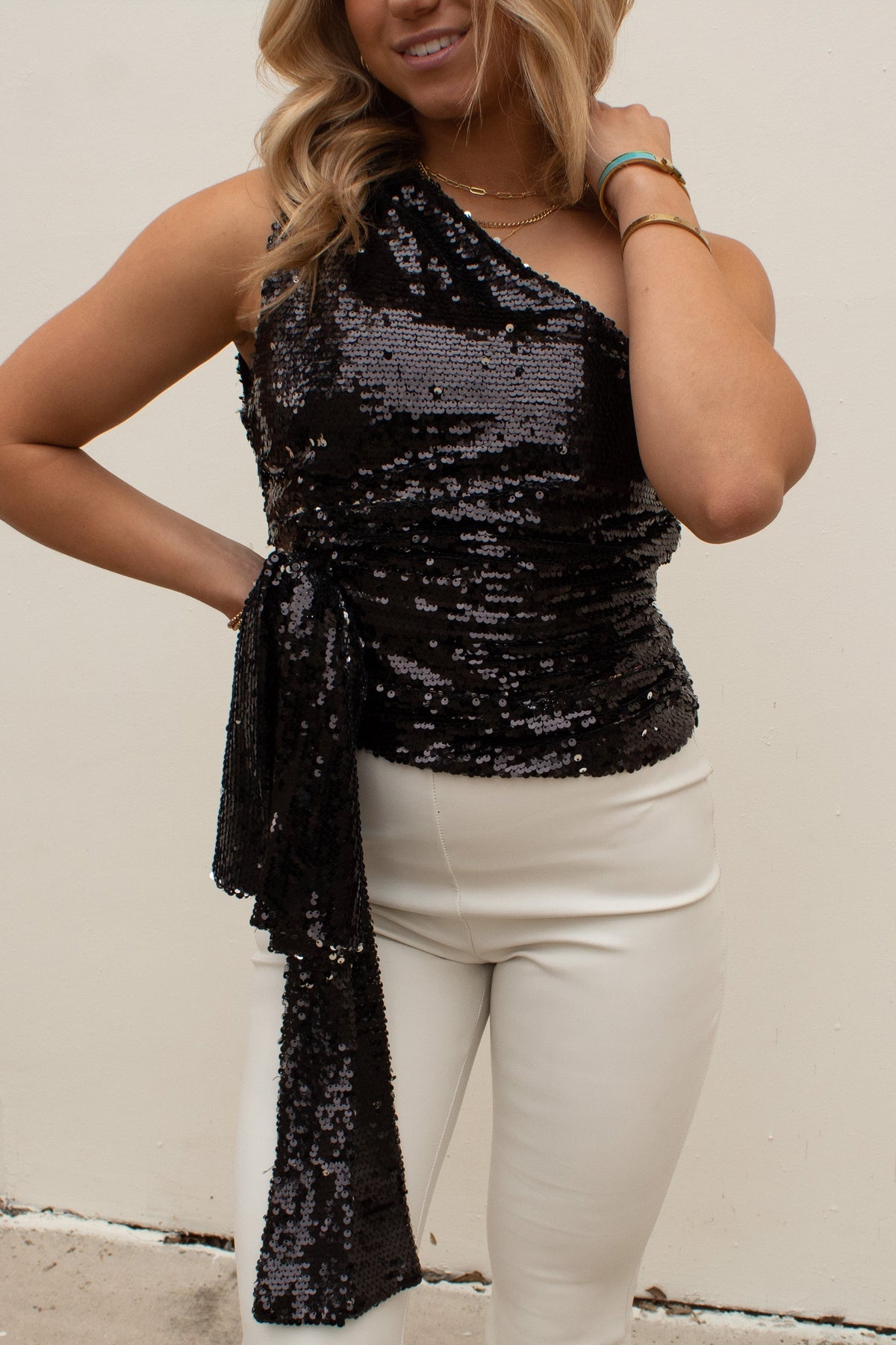 Black Sequin One Shoulder Tie Top