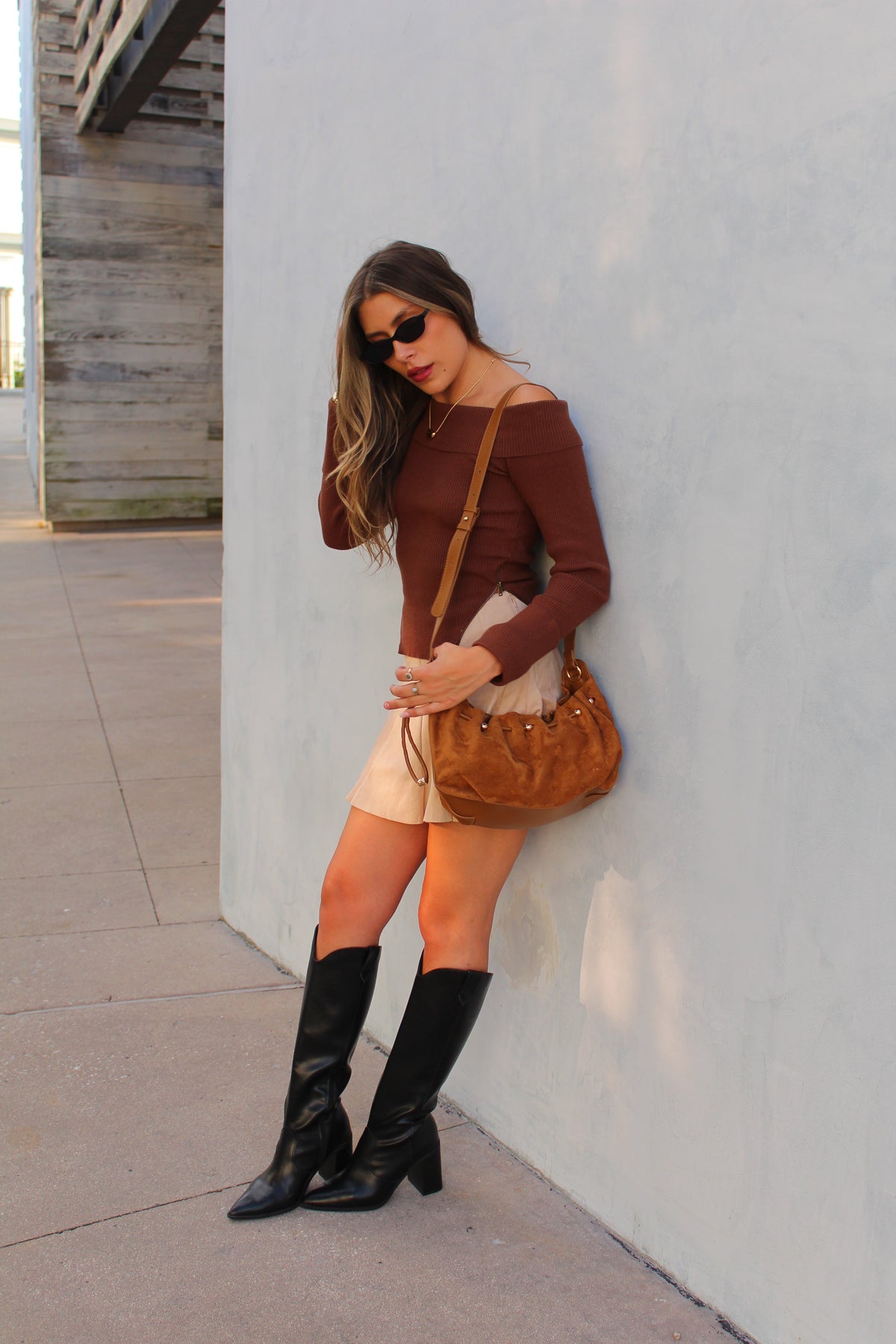 Beiges Suede Flared Mini Skort