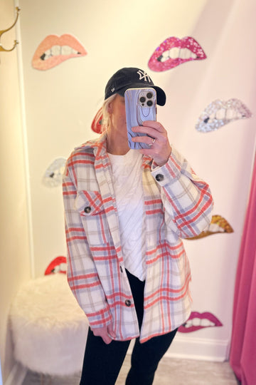 Cream and Orange Plaid Button Down Shacket