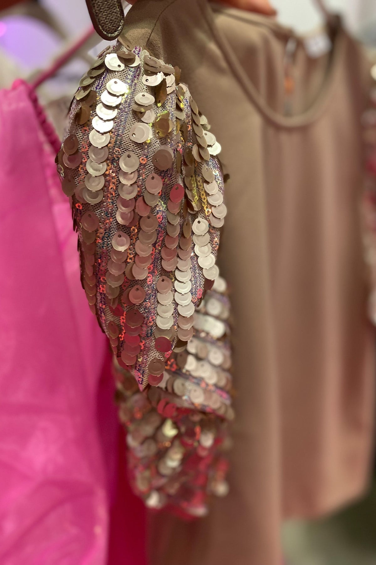 Mocha Sequin Puff Sleeve Top