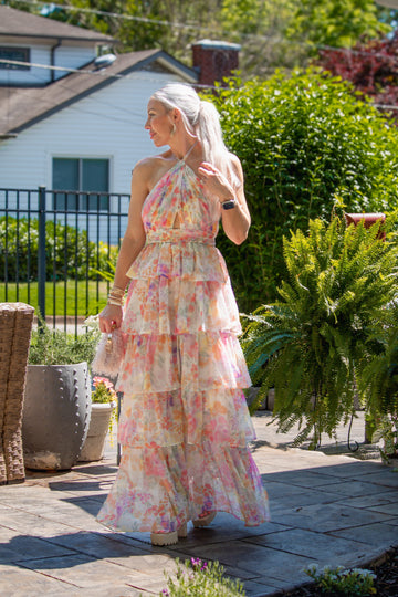 Floral Halter Neck Ruffle Maxi Dress