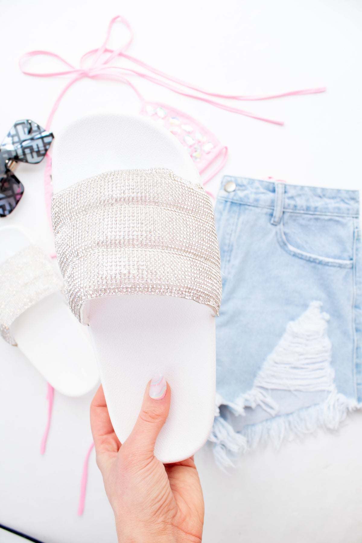 Debate White Rhinestone Slides