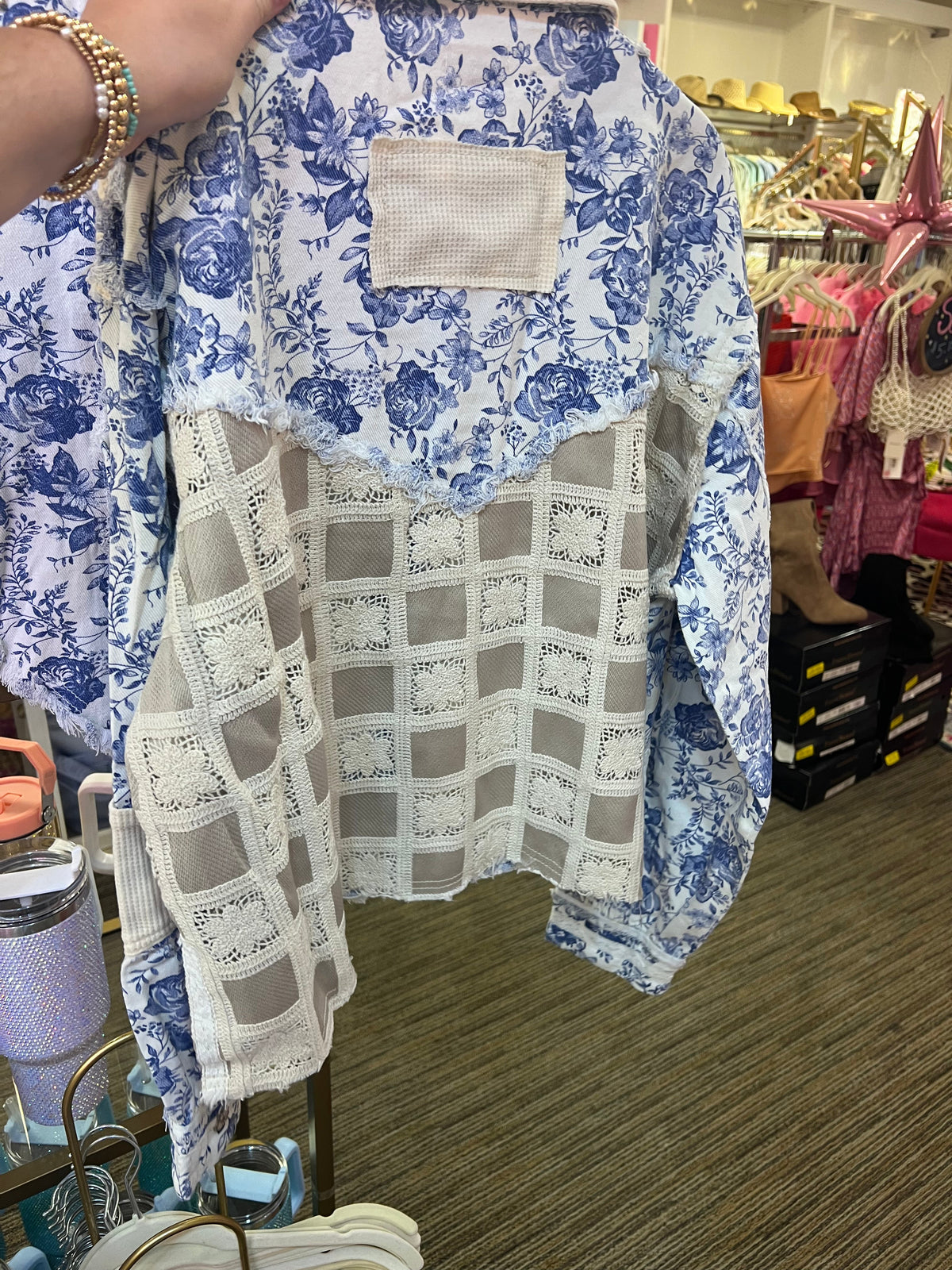 Blue and White Floral Crochet Denim Jacket