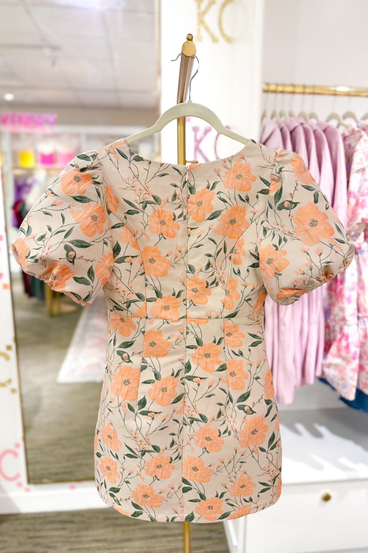 Orange Floral Puff Sleeve Mini Dress