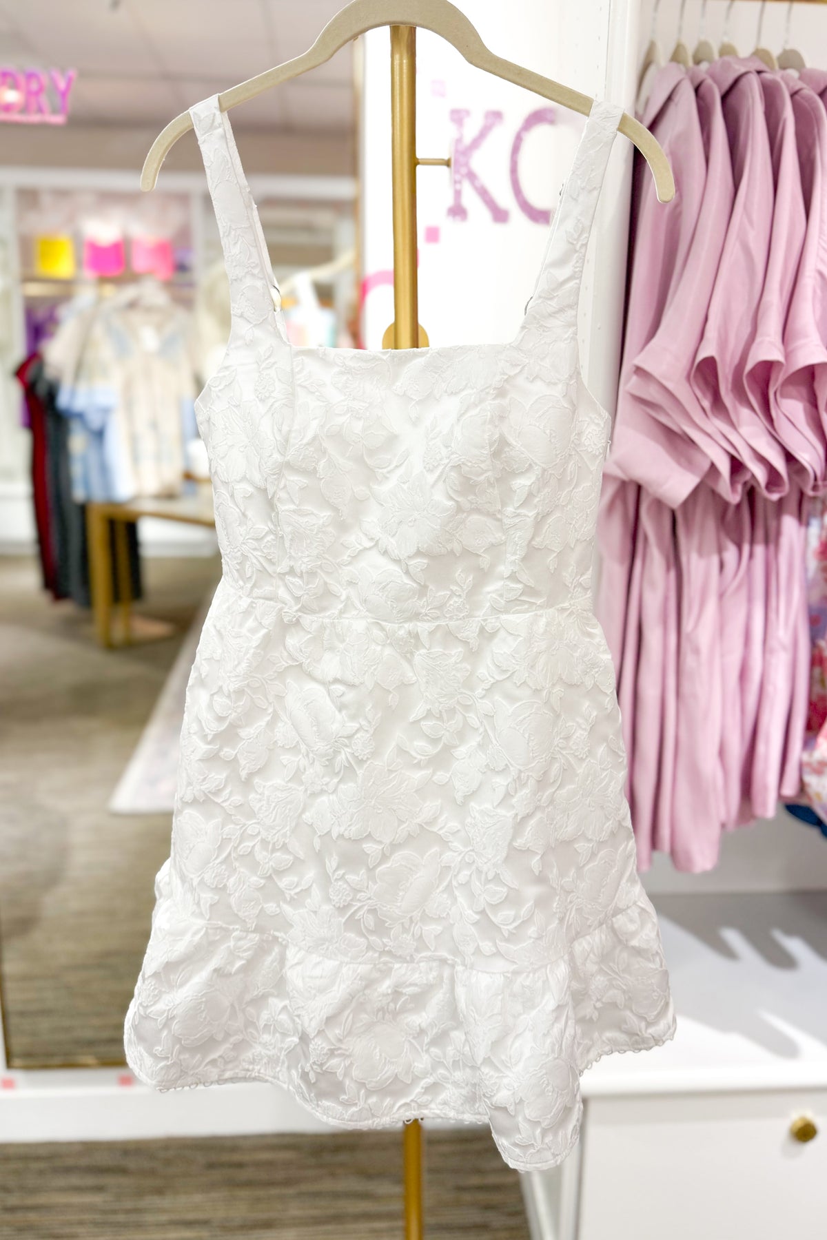 White Square Neck Jacquard Floral Mini Dress
