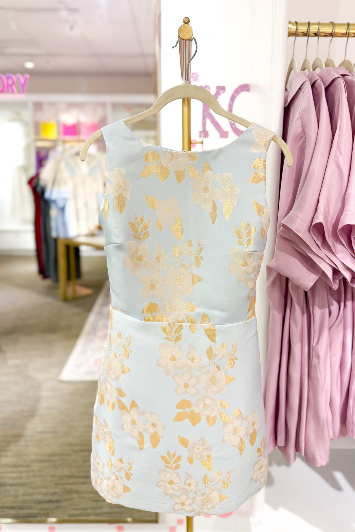 Sky Blue and Gold Floral Cutout Back Mini Dress