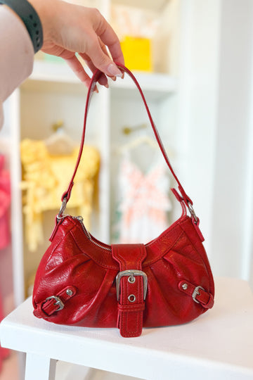 Red Crescent Shaped Faux Leather Buckle Detail Shoulder Bag