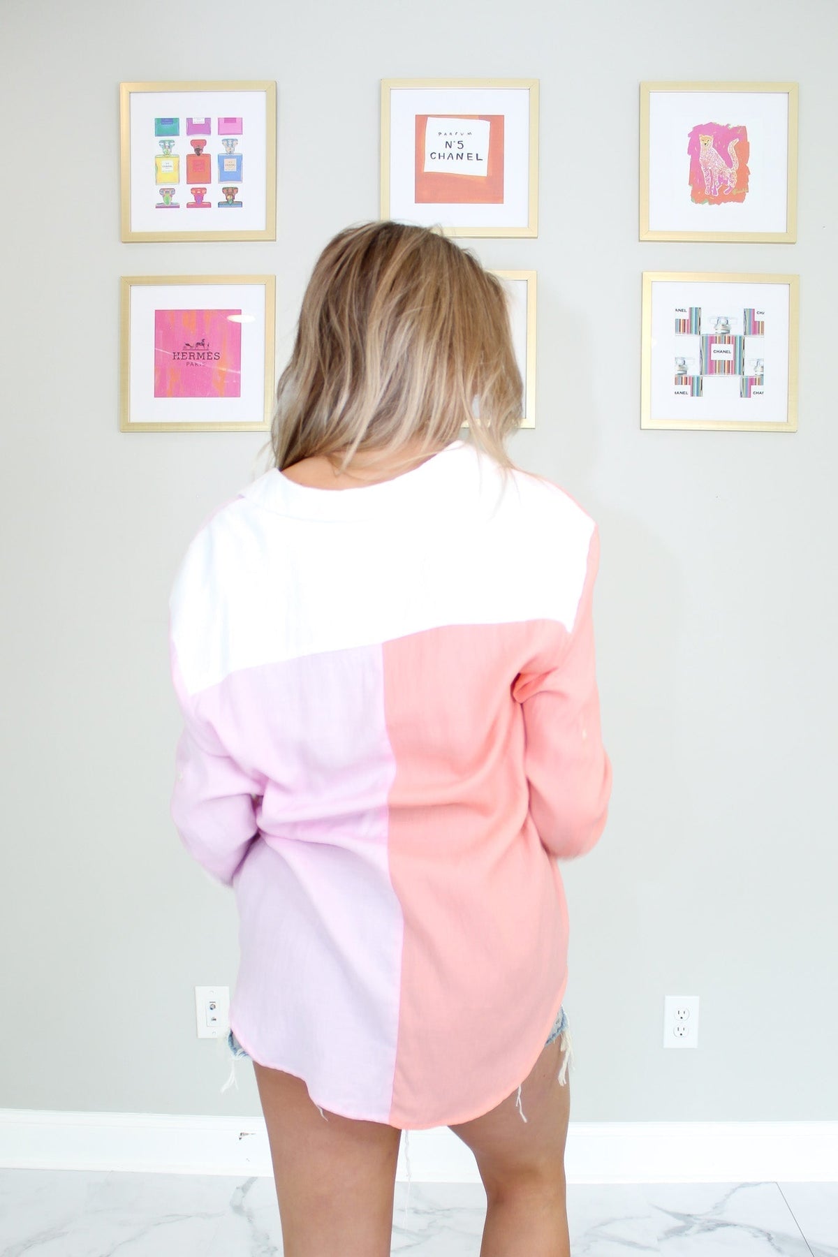 Peach Color Block Button Down Shirt