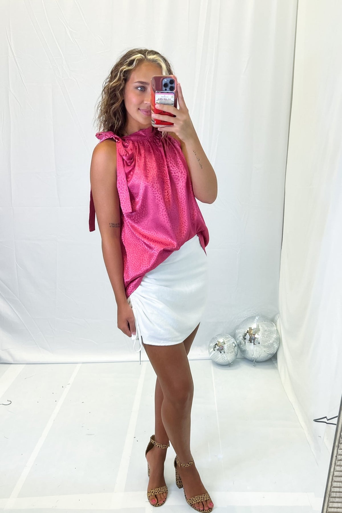 Pink leopard Satin Halter Neck Tie Tank Top