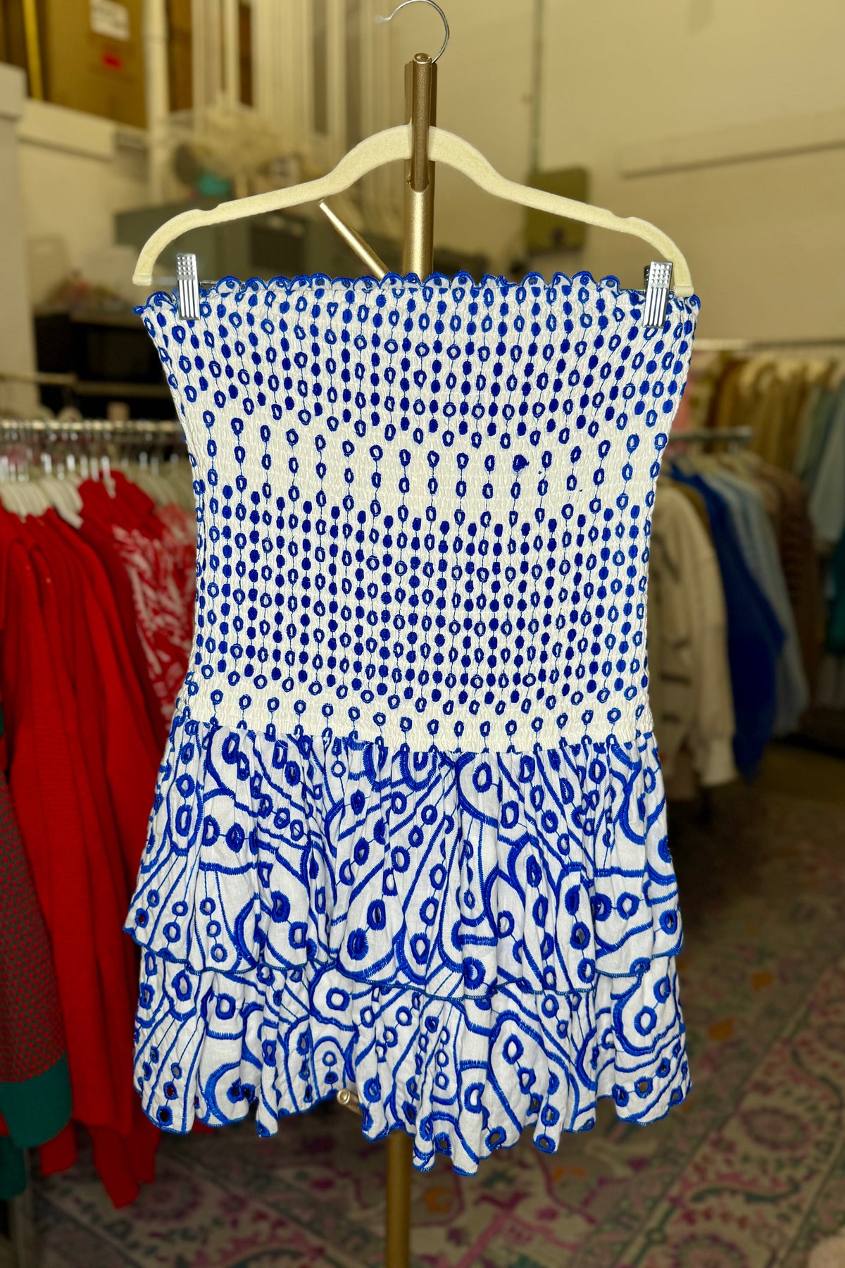 Blue and White Embroidered Drop Waist Mini Dress