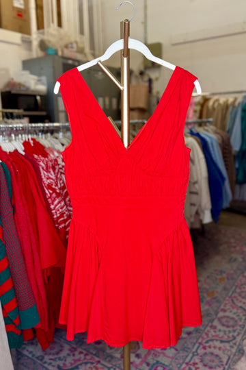 Red Pleated A Line Mini Dress