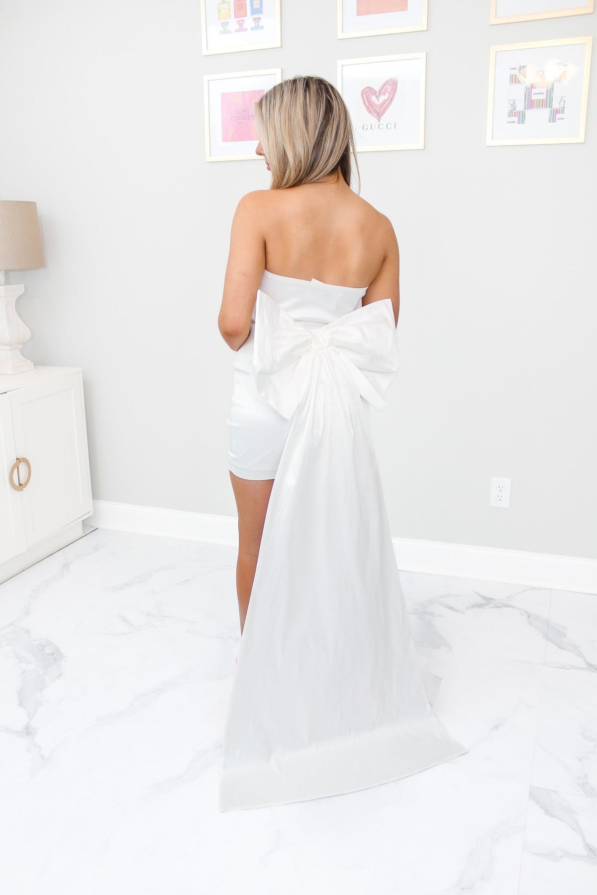 White Strapless Bow Train Mini Dress