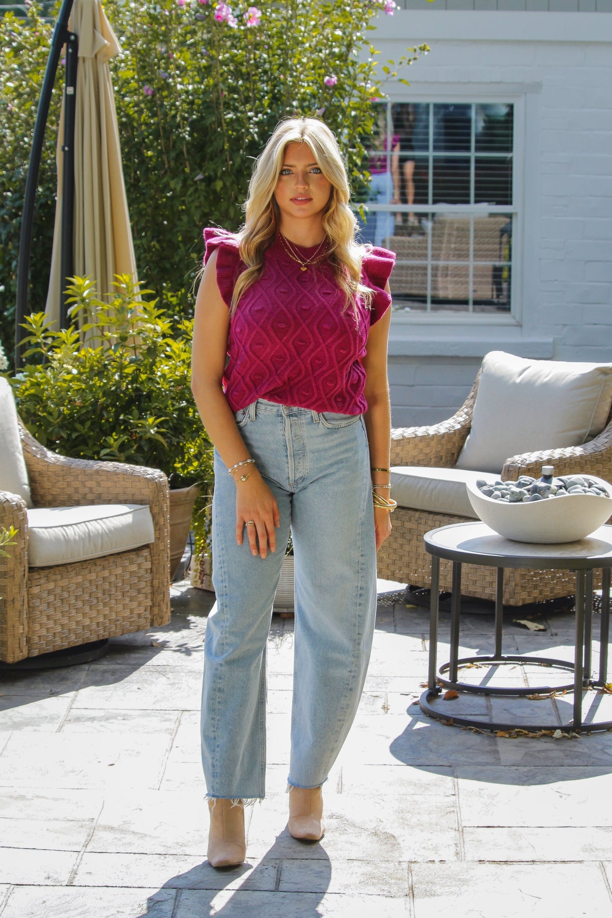 Purple Mock Neck Ruffle Sleeve Cable Knit Tank Top